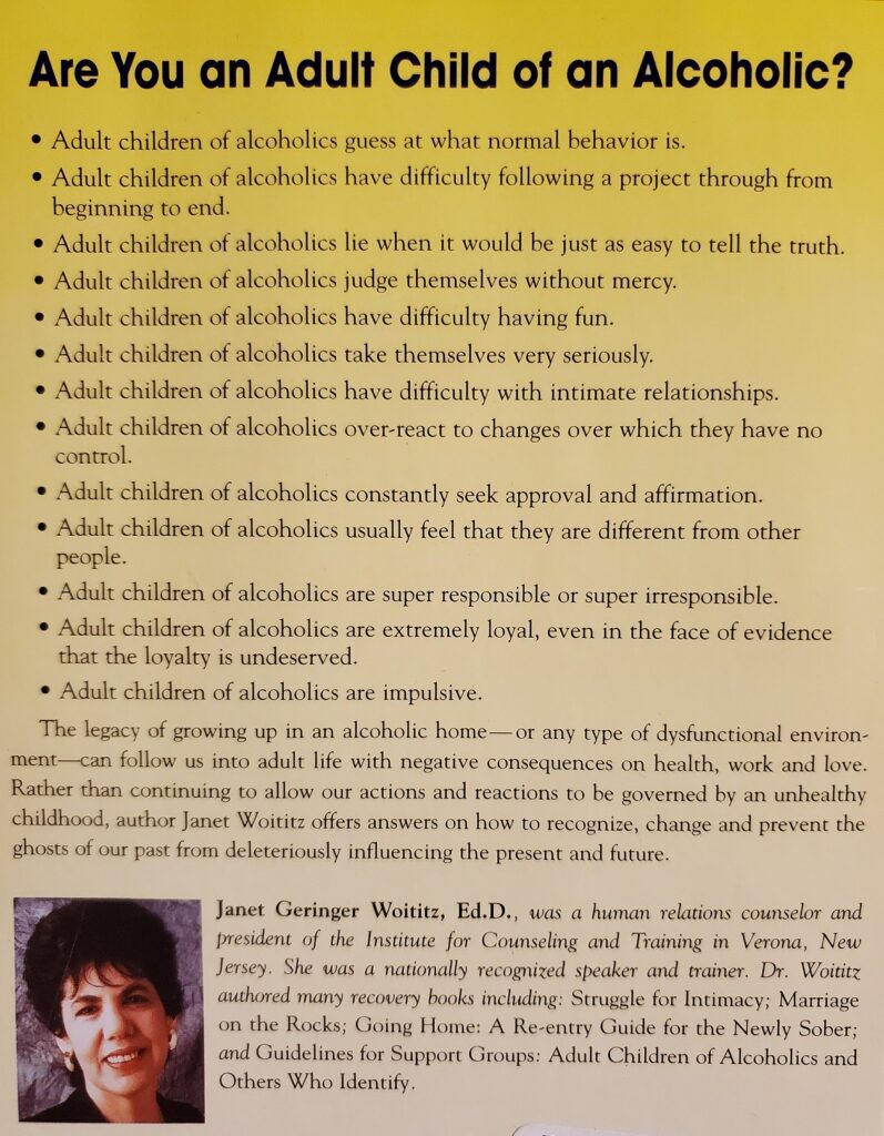 photo of back cover of Adult Children Of Alcoholics book by Janet Woititz