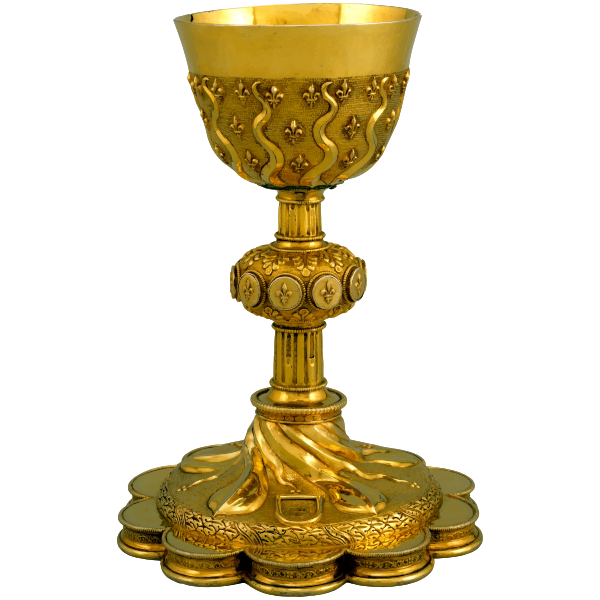 A photo of an antique looking golden chalice with an ornate base.