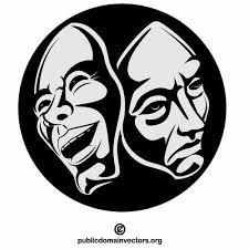 Vector graphic of a pair of back to back happy and sad facies in black and white in a black circle with black background.