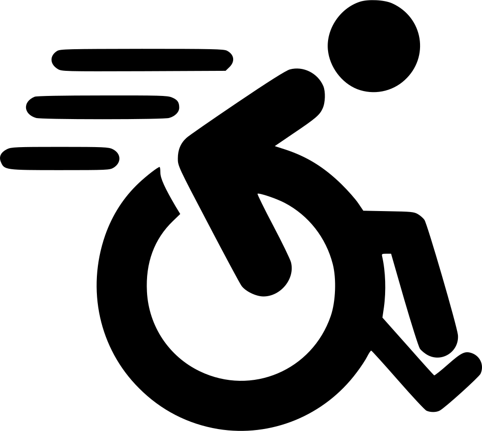 Graphic icon of a fast moving self-propelling wheelchair shown with wind behind its back as stripes indicating it is going fast. Person is leaning forward like in a race.
