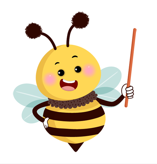 Cartoon image of a bee standing up looking like it's making a point while teaching a class (holding a stick in its "hand").