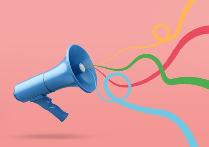 Stock graphic of a metallic blue bullhorn with bright curly ribbons of color coming out against a plain salmon background. No text.